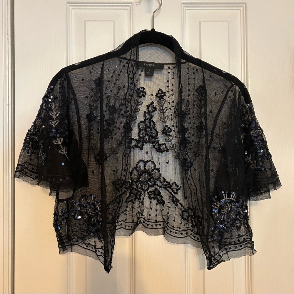 Express Black Beaded Sheer Embroidered Cropped Jacket